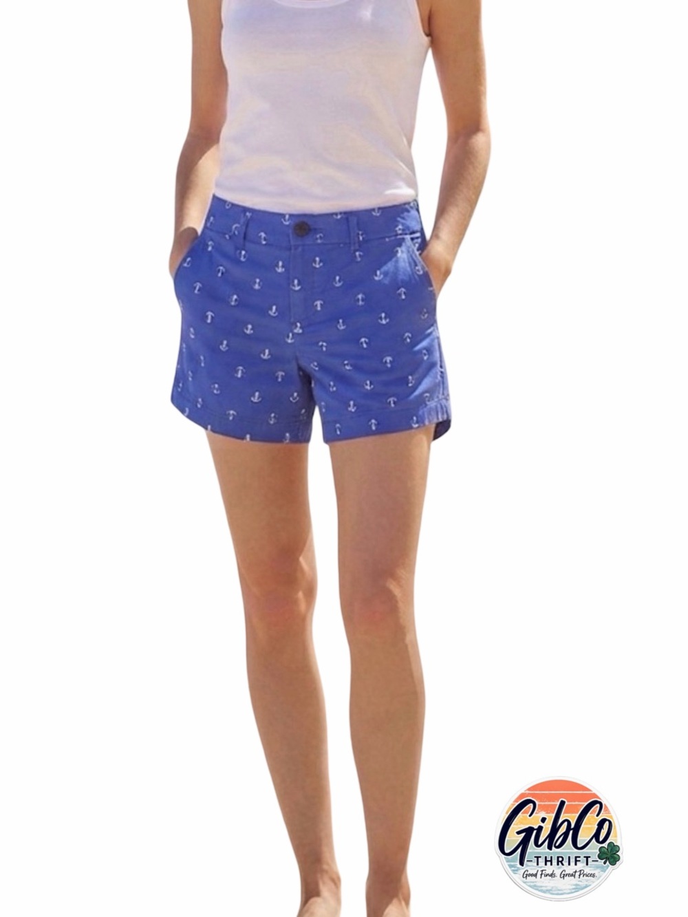 Old Navy | Size 8 | Chino Flat Front Shorts | Royal Blue with White Anchor Print